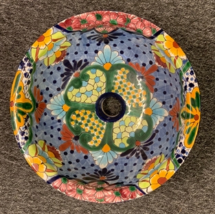 Cirkel Rund Sevilla Azul håndvask fra Mexico til nedfældning i en bordplade - dekorativ indvendig med diameter 36 cm